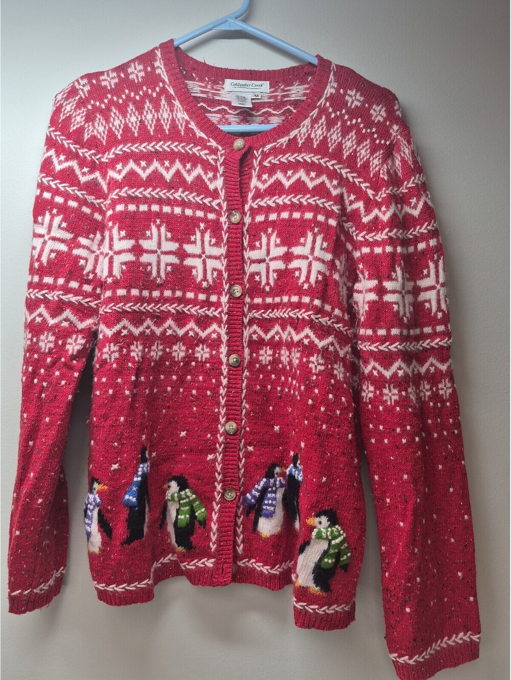 Vtg Coldwater Creek Cardigan Women's M Red Penguin Christmas Fair Isle B334